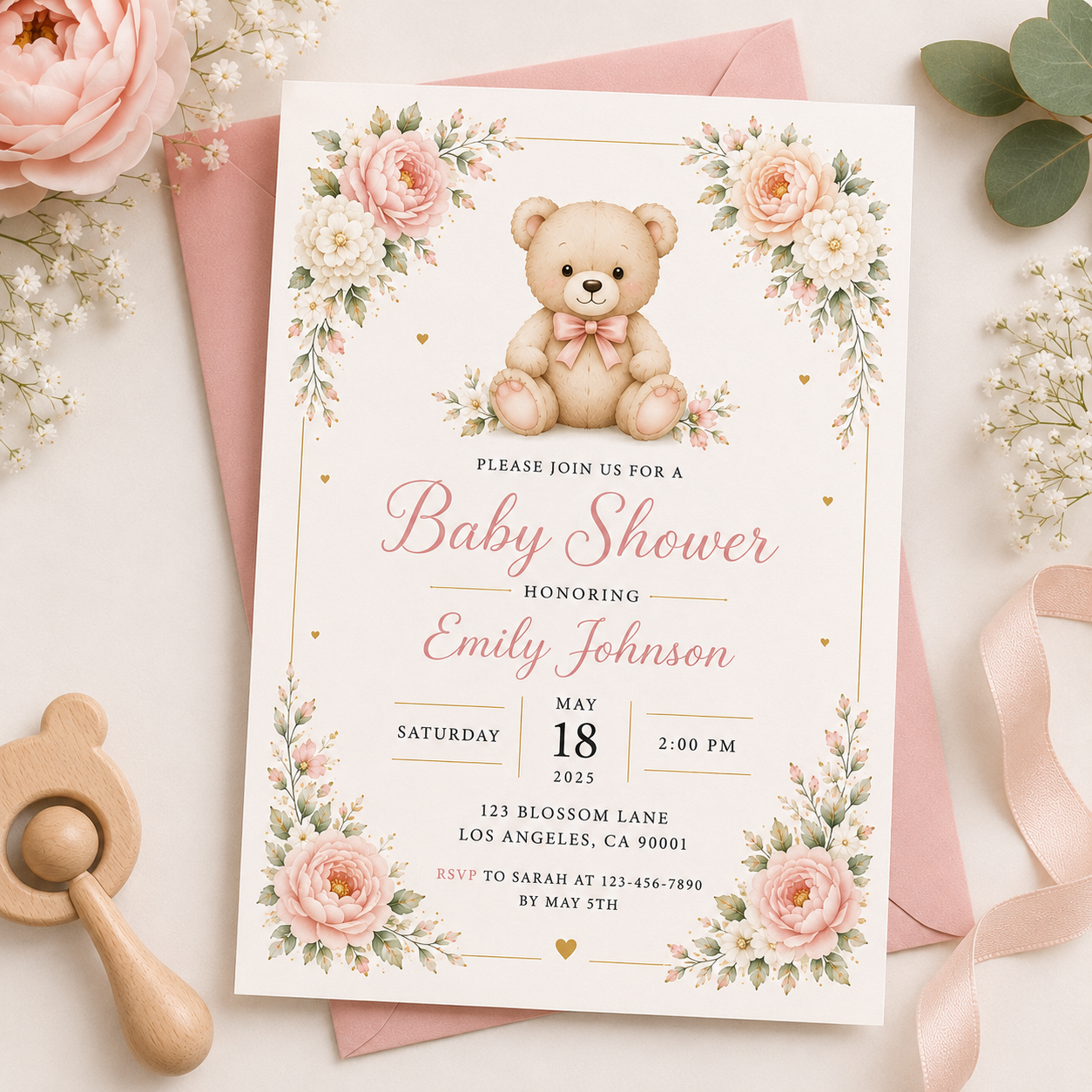 Fujimi Teddy Bear Baby Shower Invitation Template – Editable Printable Digital Download