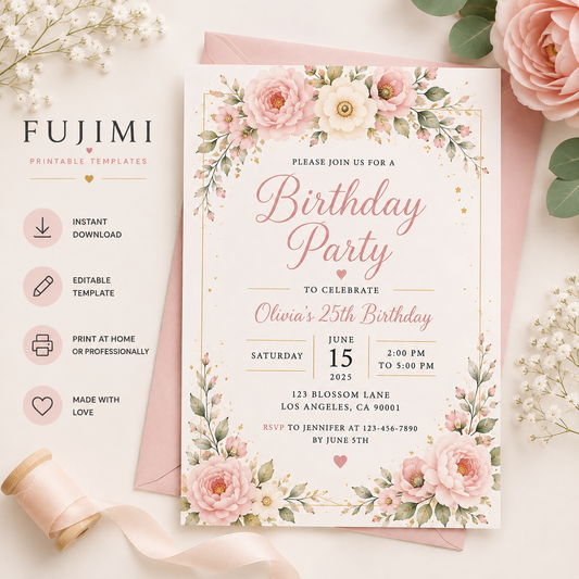 Fujimi Floral Birthday Invitation Template – Editable Printable Digital Download